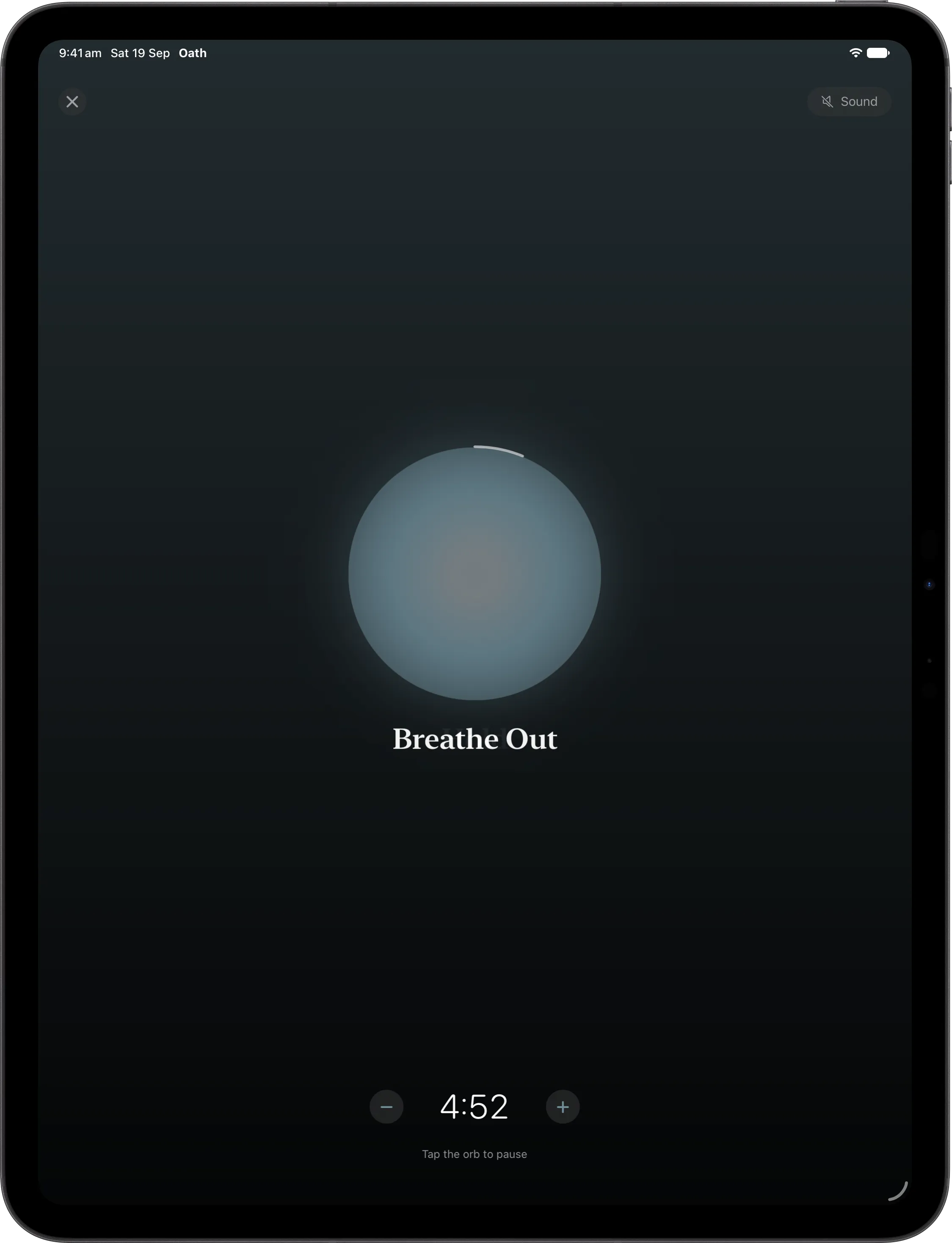 The breathing orb on iPad, easing through the exhale