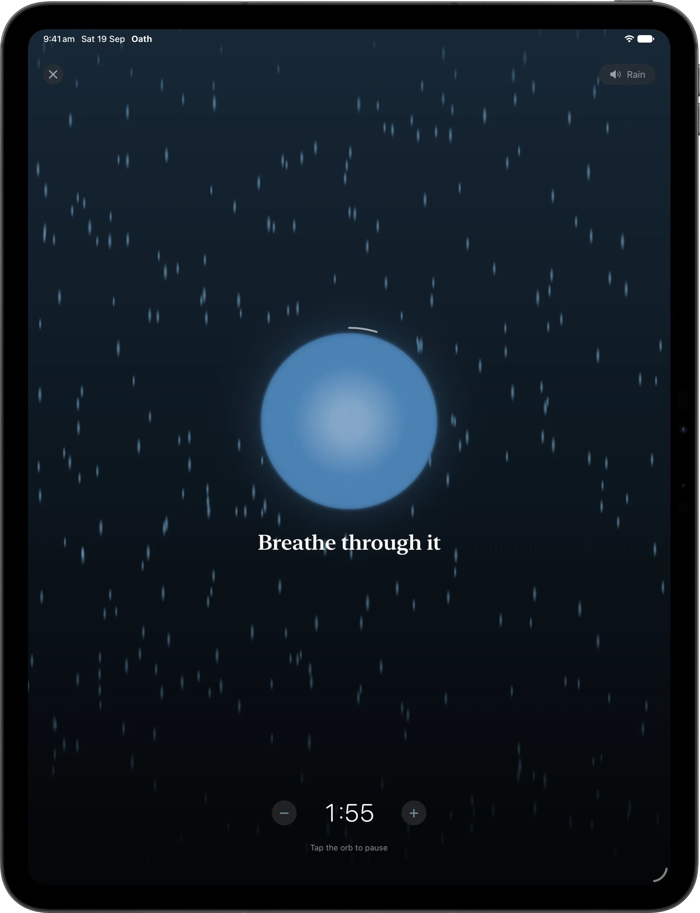 A Plunge session on iPad, rain falling behind the timer