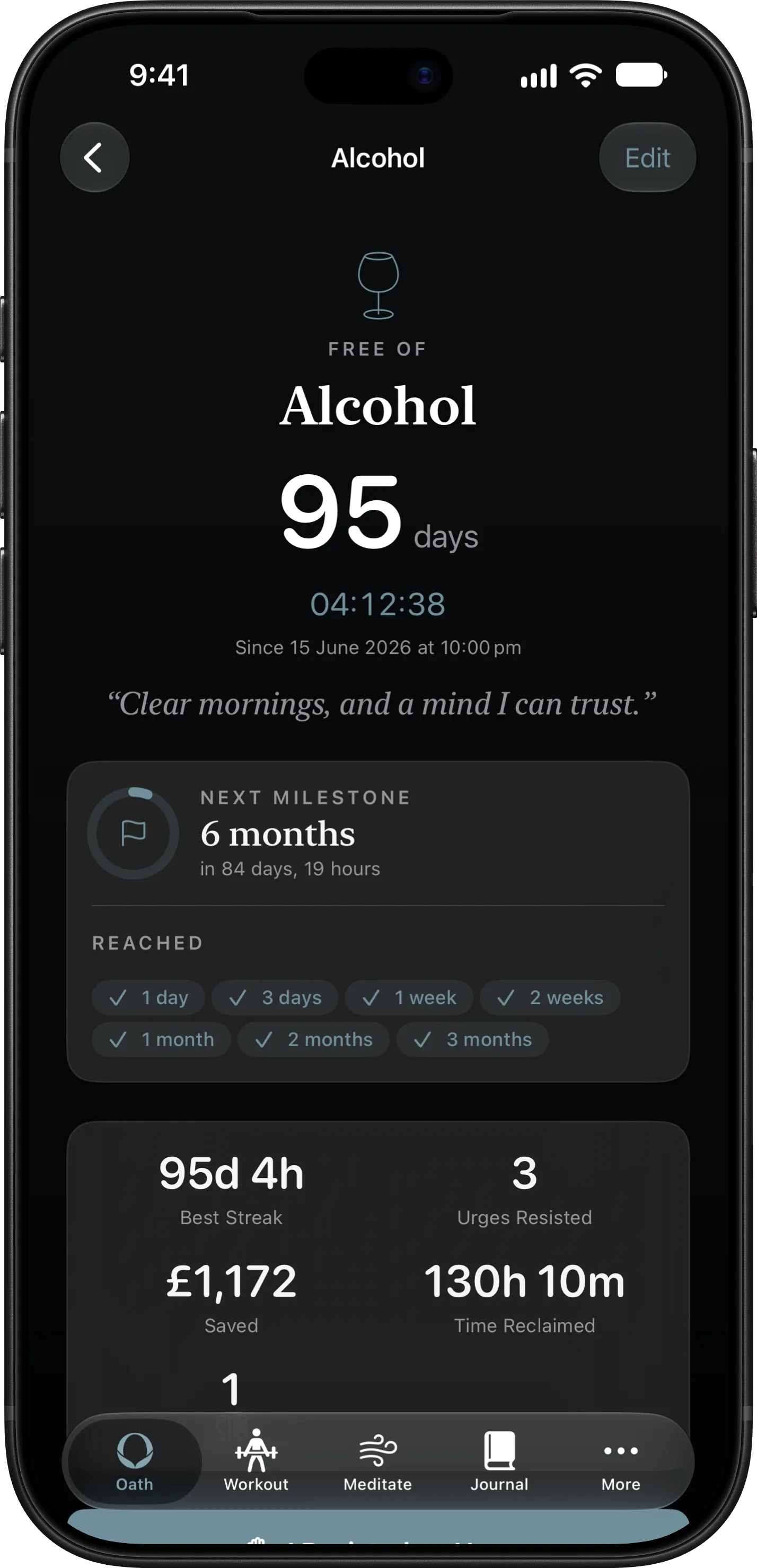 Ninety-five days free of alcohol on iPhone, with milestones reached and money saved