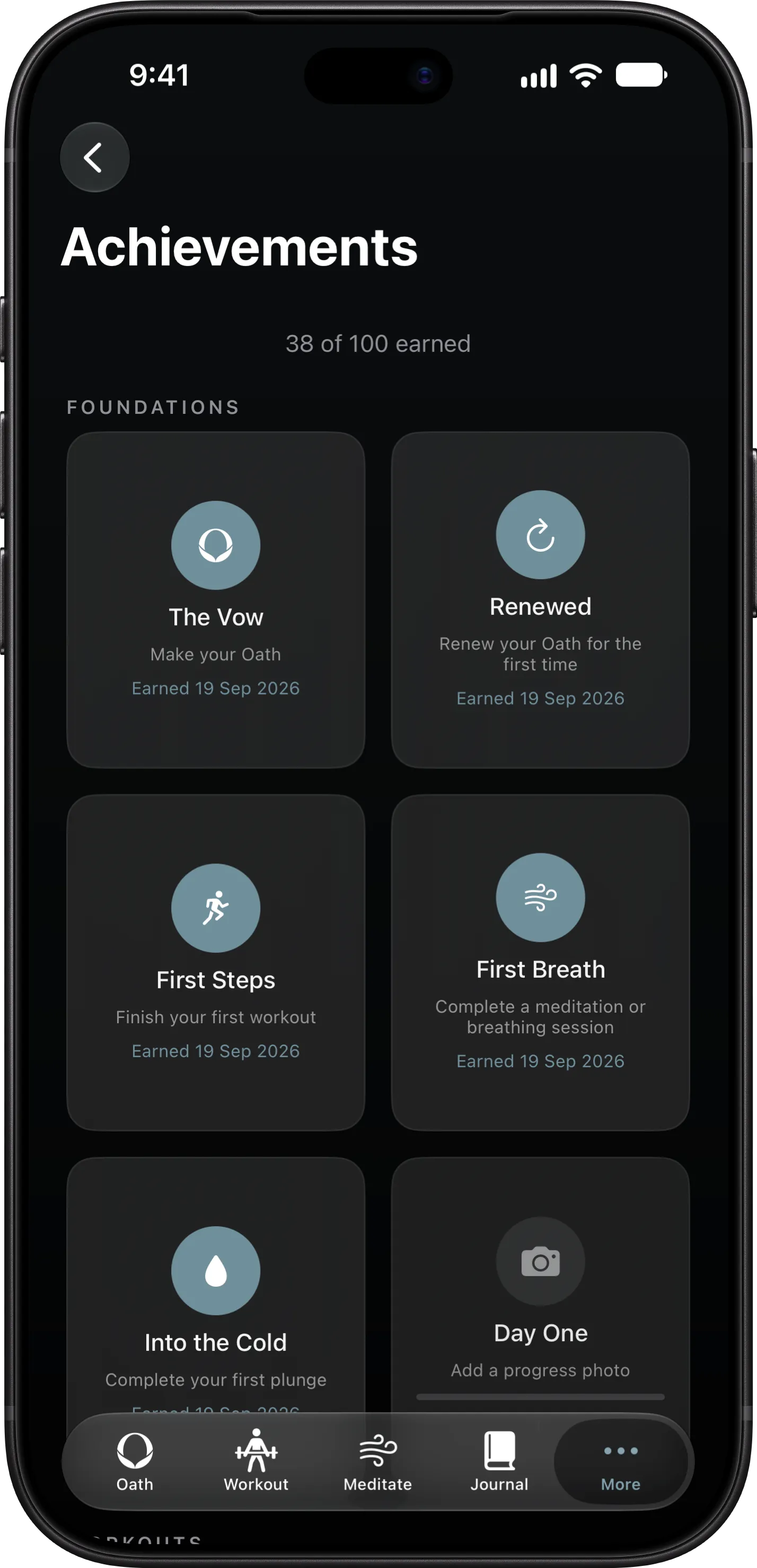 A grid of achievements on iPhone, 38 of 100 earned