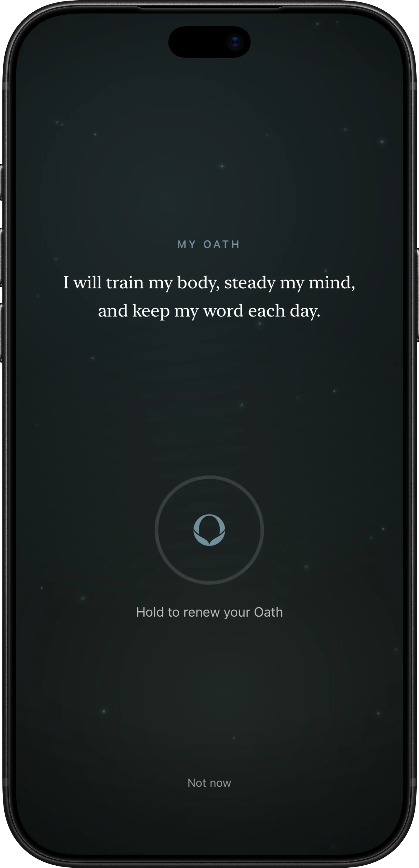 The Oath screen on iPhone, ready to press and hold