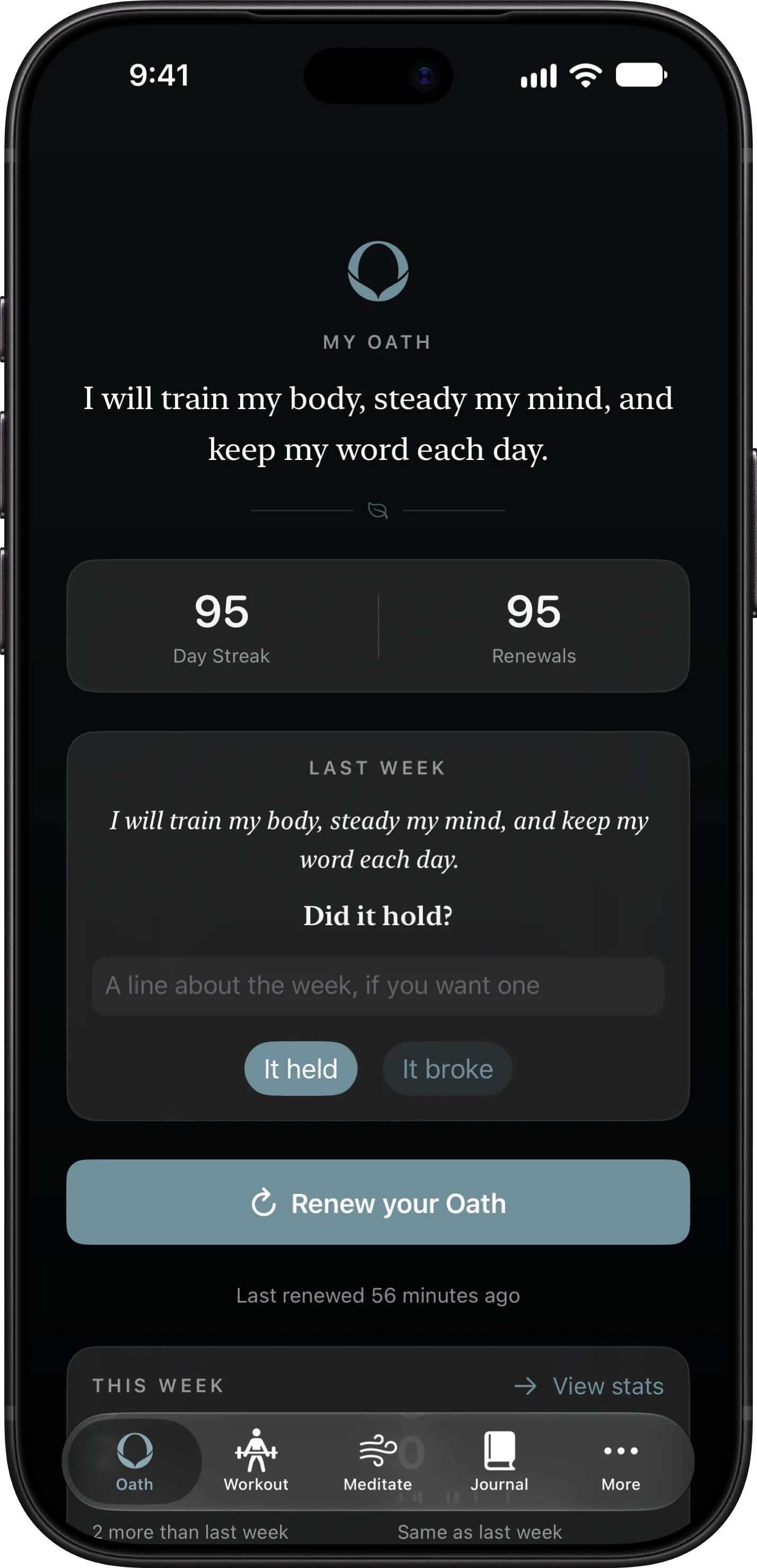 The Oath screen on iPhone, with a 95-day streak