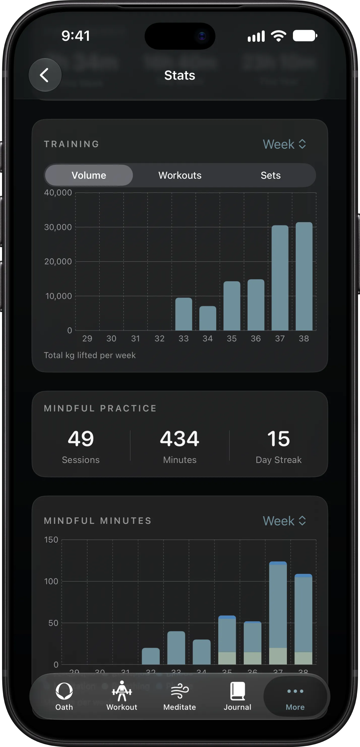 Training volume and time-trained charts on iPhone