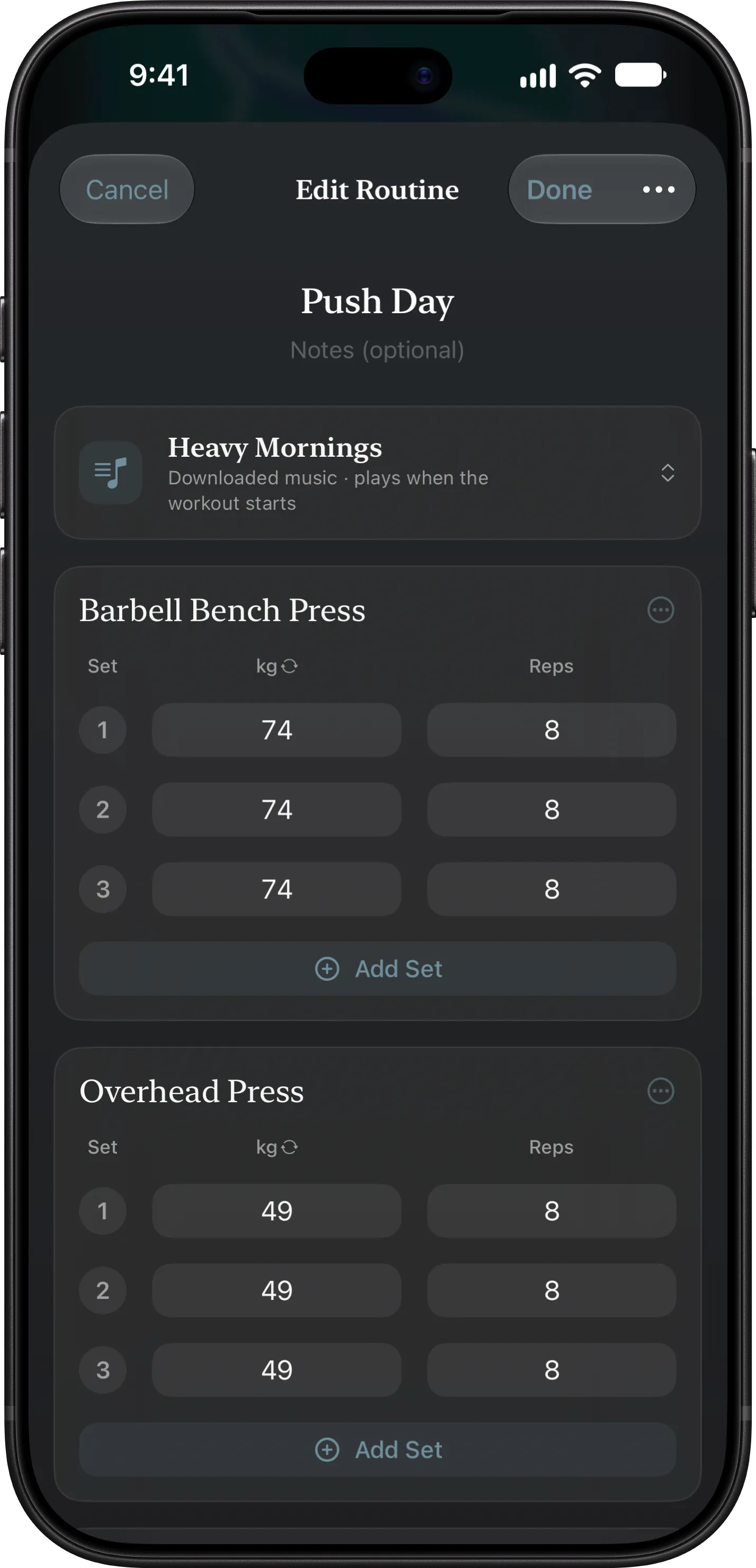 Editing a routine on iPhone: its sets, and the playlist that starts with the workout