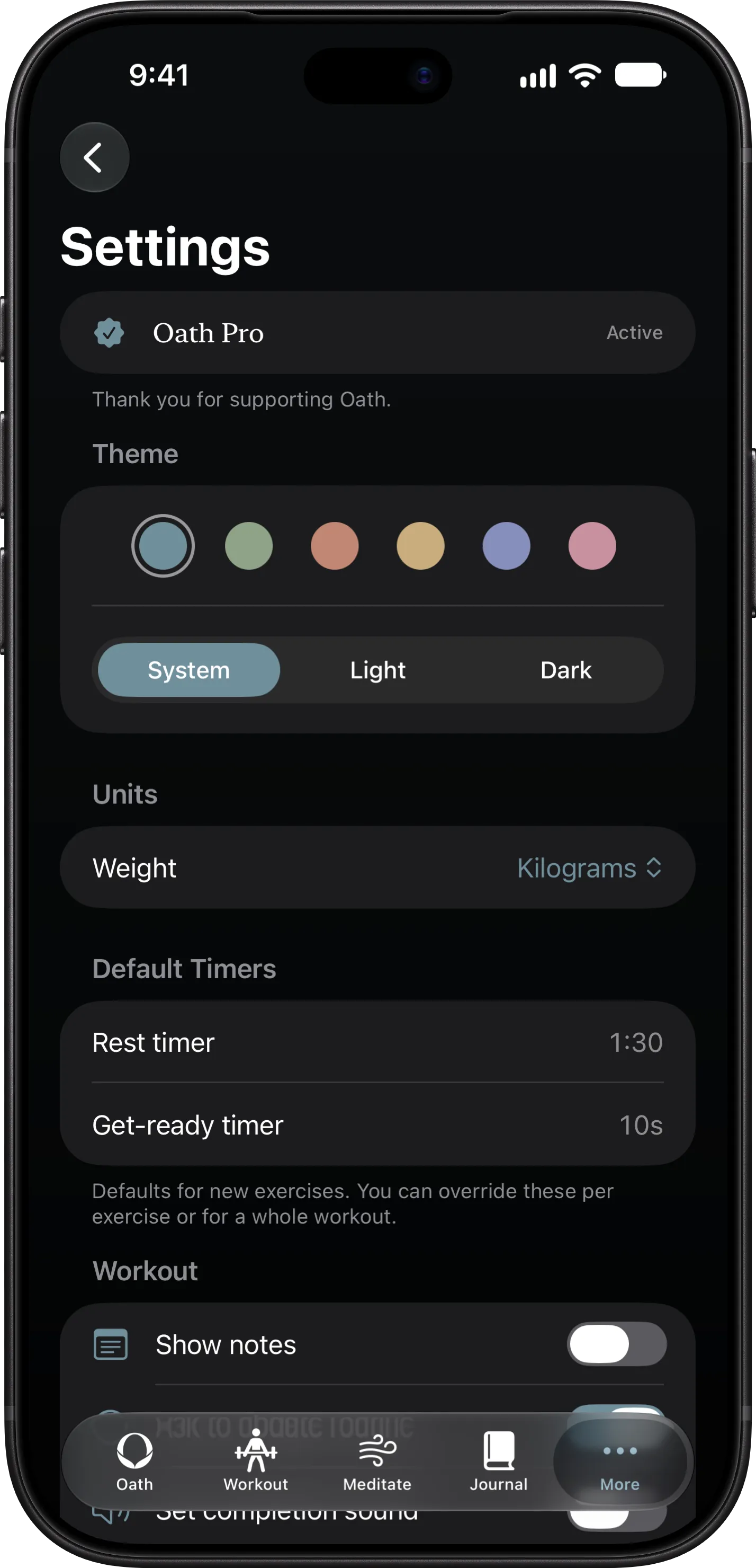 Oath settings on iPhone with calm theme colours