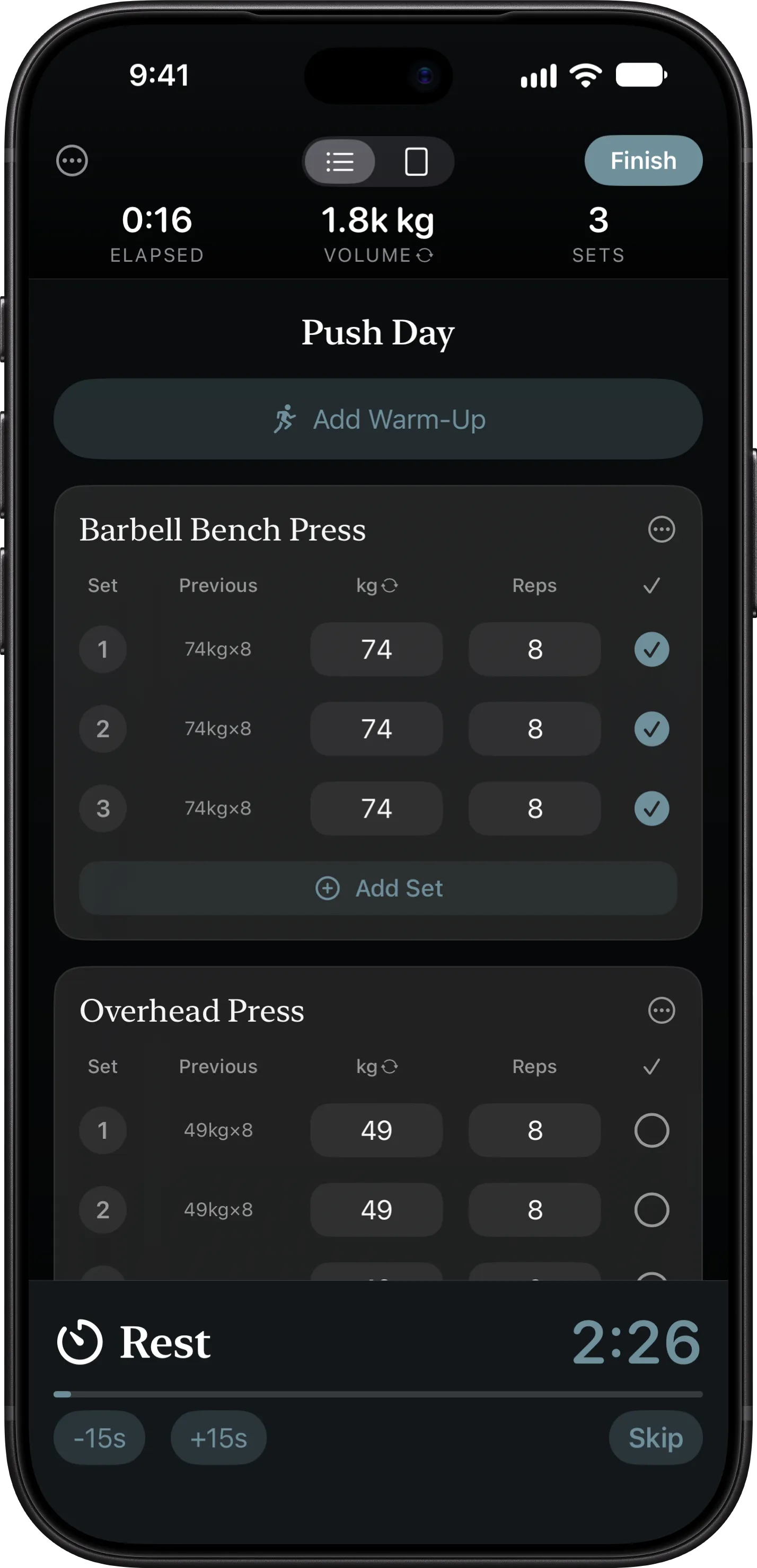 A workout log on iPhone: sets, reps and weight, and nothing else