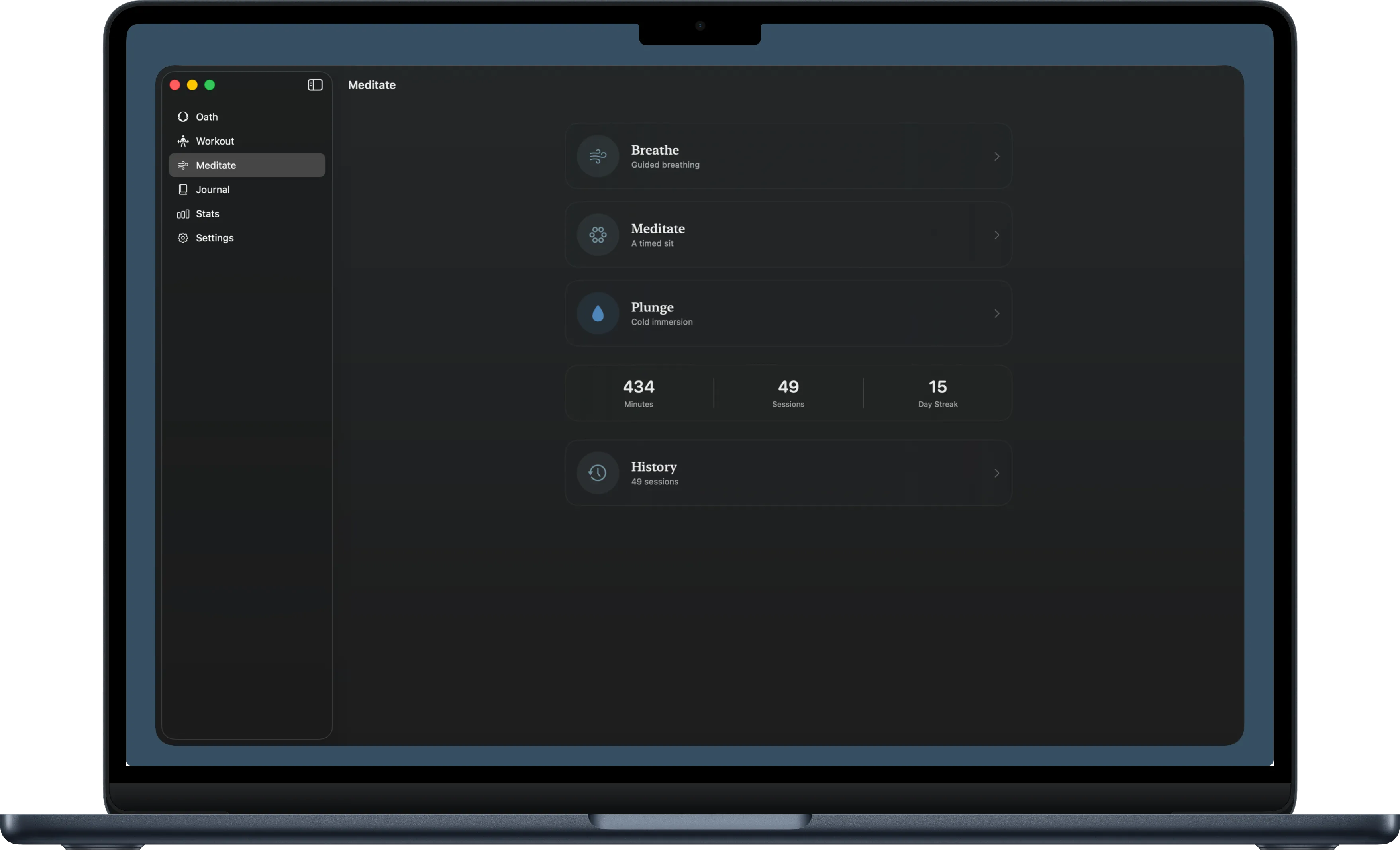 The Meditate hub on Mac, offering Breathe, Meditate and Plunge