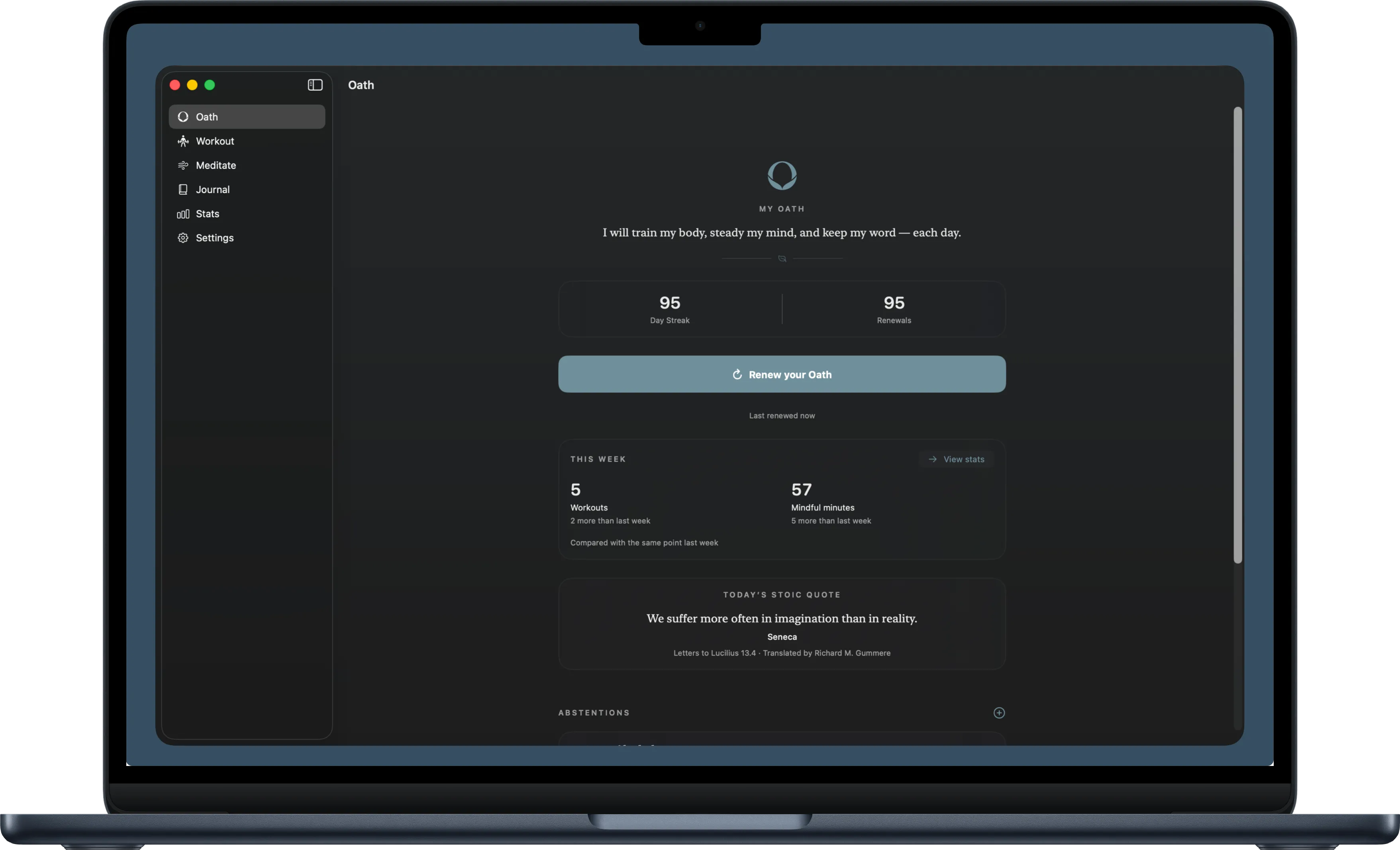 The Oath screen on Mac, showing the day streak and renewals