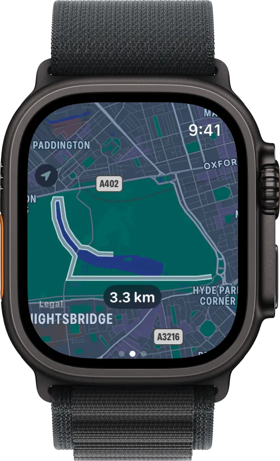 A run around Hyde Park and the Serpentine, drawn on a map on Apple Watch