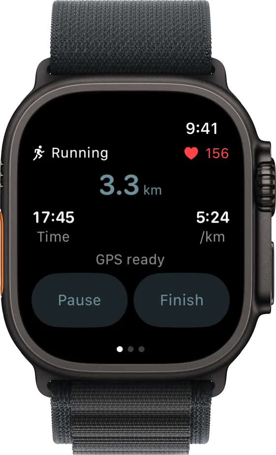 A run under way on Apple Watch, with distance, pace and heart rate